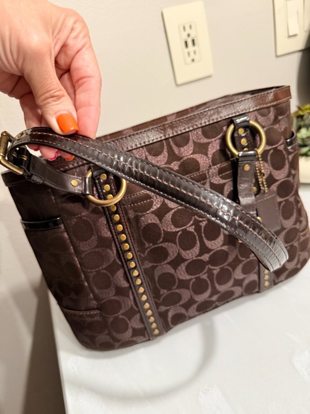Dark Chocolate Brown Coach Signature Studded Lurex Tote Bag - Picture 14 of 14